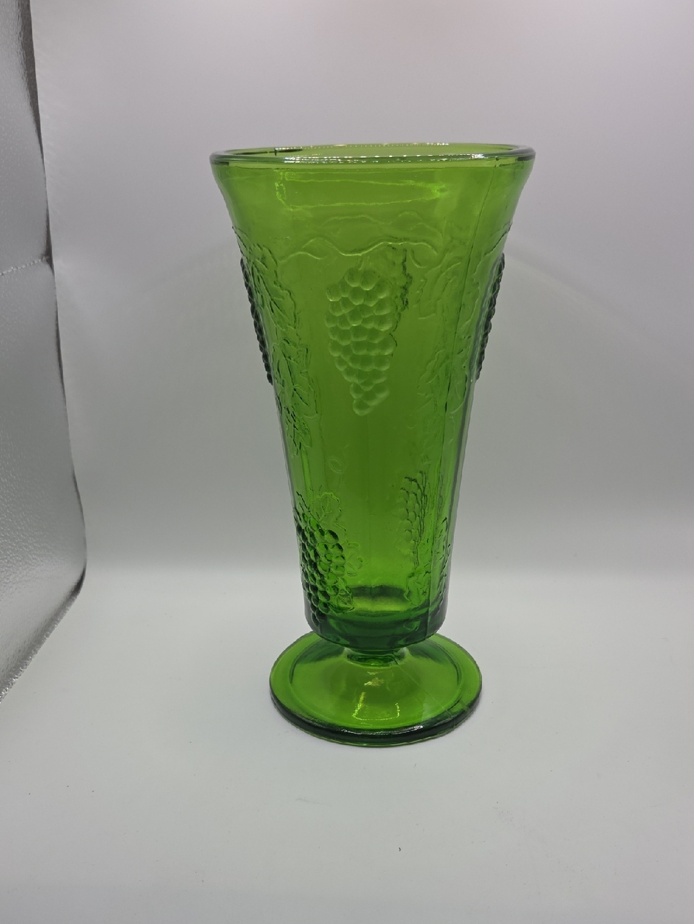 Indiana Glass Green Pressed Glass Pedestal Vase Green with Grape Motif